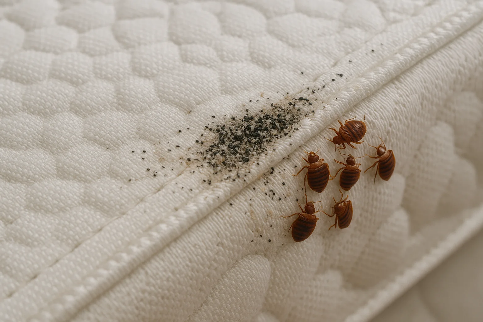 Punaises de lit et traces noires sur la couture d’un matelas