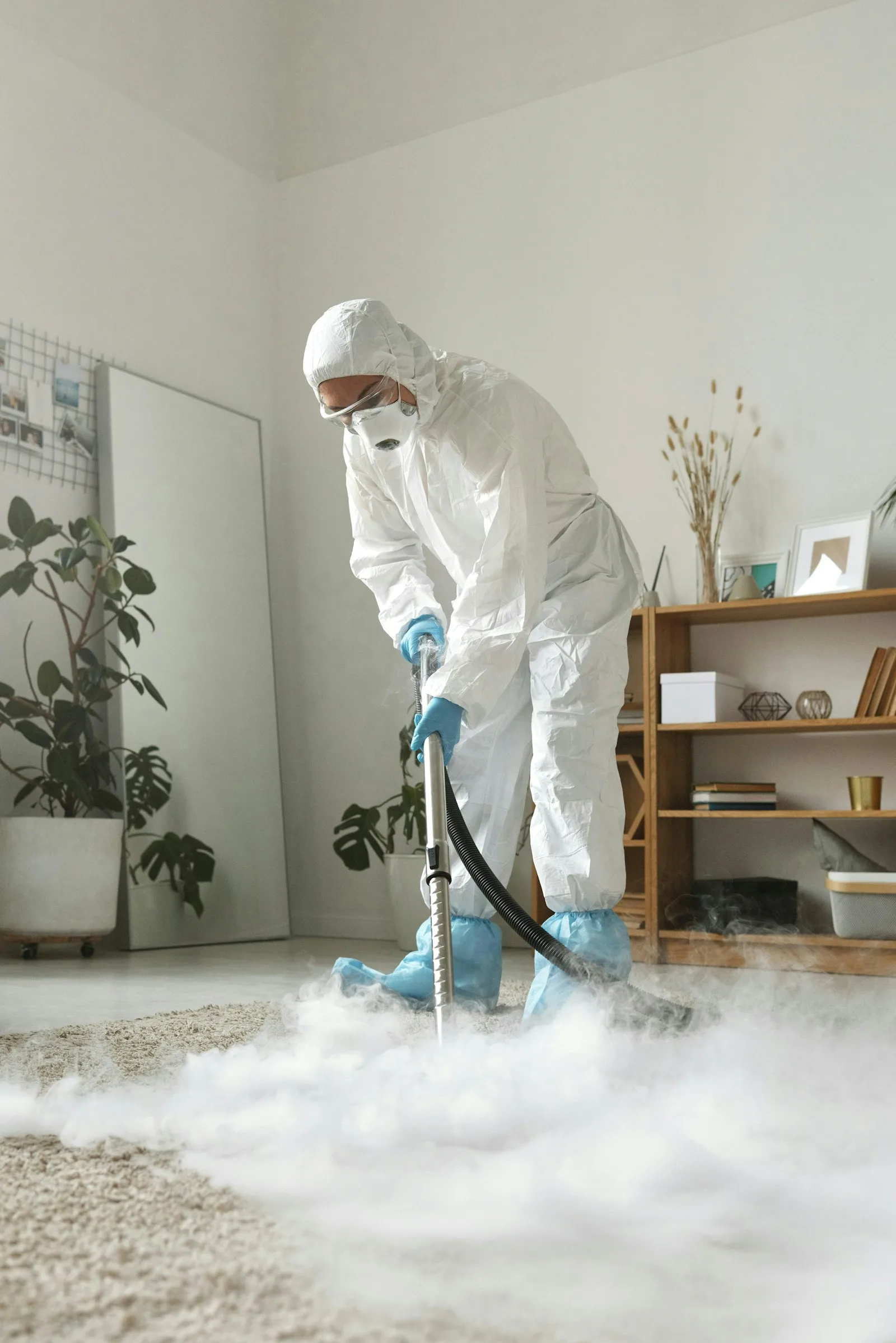 Technicien en combinaison pendant une désinfection de logement